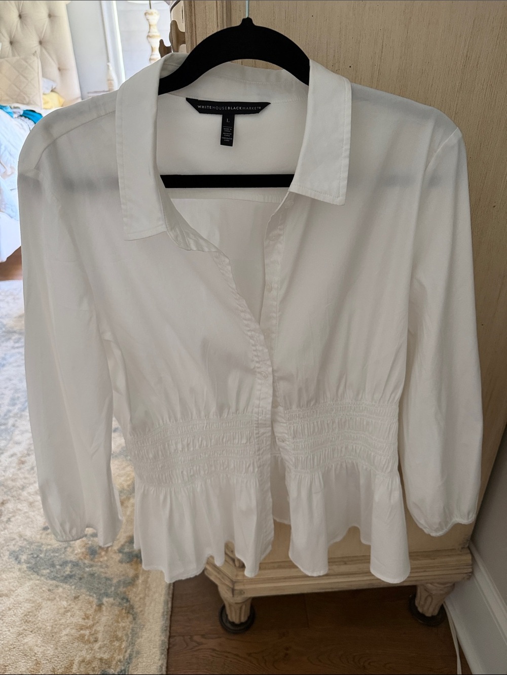 White House Black Market White Smocked Peplum Button-Down Shirt